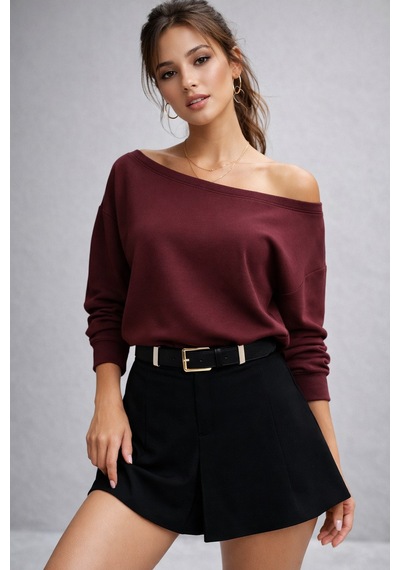 Wild Bee Kadın Bordo Düşük Omuz Modal Bluz