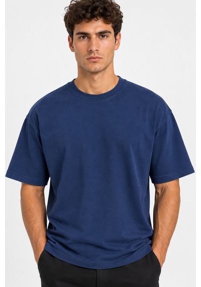 Vasto Moda Erkek Oversize Kalın Dokulu %100 Organik Pamuk Bisiklet Ribana Yakalı Lacivert T-shirt