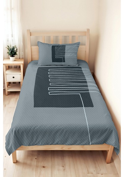 Geometrik Gri Genç Odası Tek Kişilik Pike Takımı - Modern Antrasit 160x220 Cm Kapitone Yatak Örtüsü Killi Ada Işıltısı