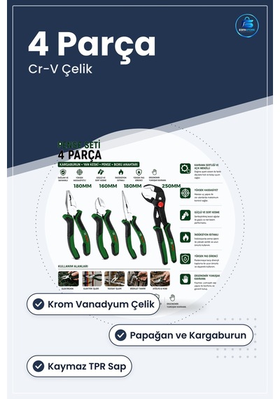 Pense Seti 4 Parça 10 İnç Papağan 7 Kargaburnu 6 Yan Keski Krom V