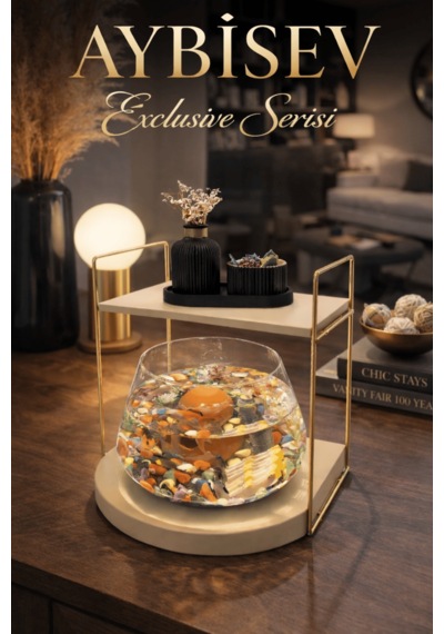 Reyo Ok-ay Store Düz Raflı Işıklı Lüks Cam Fanus İçinde Beta Balığı İçin Özel Tasarım Masa Üstü Dekoratif Akvaryum Gold-krem