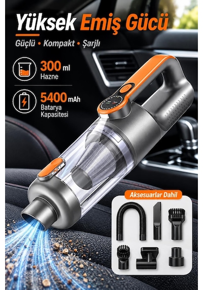Kablosuz Araç Süpürgesi Vakum Ve Üfleme 2in1 Metal Filtreli 300 Ml Hazneli 5400 Mah Şarjlı Süpürge