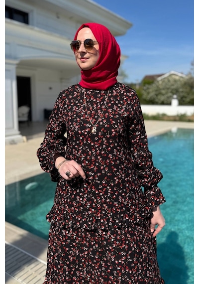 Rabia Şamlı Mine Elbise Turuncu Çiçekli Siyah Normal