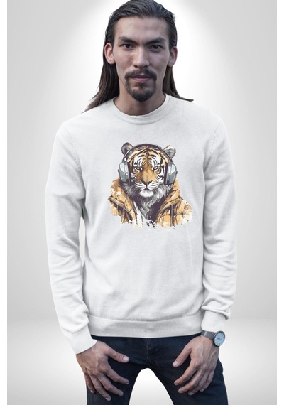 Müzik Dinleyen Kaplan İnsan Mont Unisex Beyaz Baskılı Sweatshirt Beyaz