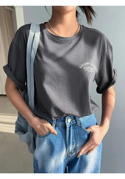 Flood Of Style Kadın Füme Capable Baskılı Bisiket Yaka Tshirt Gri