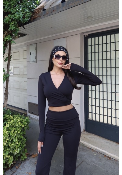 Kechi Woman Kruvaze Yaka Uzun Kollu Crop Bluz Siyah