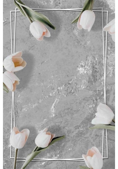 Gri Çiçek Temalı Banyo Halısı Klozet 2'li Paspas Seti Bs011n11