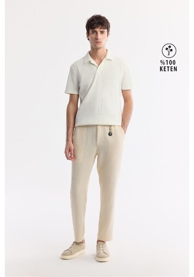 Avva Erkek Bej Beli Lastikli %100 Keten Relaxed Fit Pantolon B003032