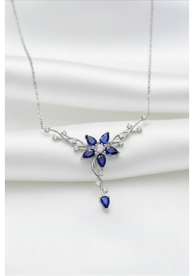 Çekirdekjewelry 925 Ayar Gümüş Safir Taşlı Sarmaşık Kolye Rodyum