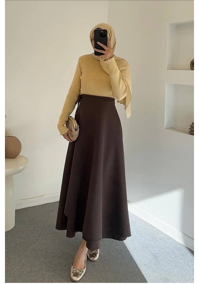 Neşeli Butik Kadın Bağlama Detaylı Scuba Kumaş Asimetrik Etek Nms075 Kahverengi