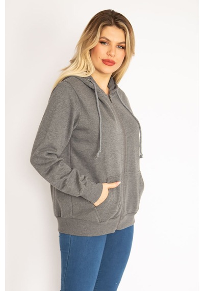 Şans Kadın Gri Sırtı Çift Fermuar ve Çıtçıt Düğme ve Ön Fermuarlı İçi Şardonlu Sweatshirt 65n35069-gri Gri