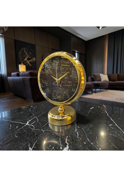 Gold Marble Masa Saati Altın Çerçeveli Siyah Mermer Desenli Modern Lüks Dekoratif Saat Altın