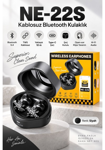 Ne-22s Tws Kablosuz Bluetooth 5.4 Open-ear Klips Küpeli Bayan Kulaklığı - Siyah