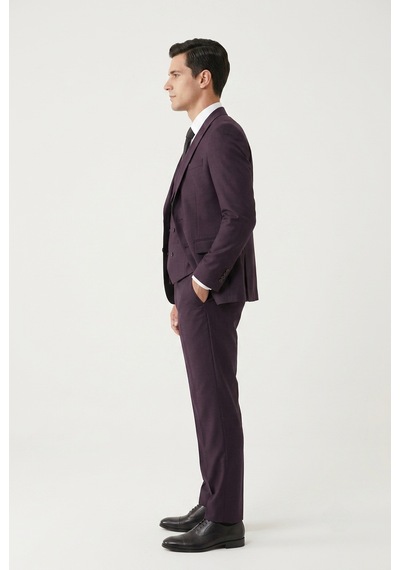 Bihan Store Erkek 6 Drop Slim Fit Yelekli Takım Elbise Çift Yırtmaç Altın Kuş Gözü - Mürdüm Bihan Store Erkek 6 Drop Slim Fit Yelekli Takım Elbise Çift Yırtmaç Altın Kuş Gözü - Mürdüm
