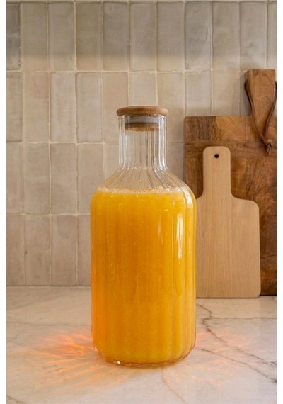 1350 Ml Cam Şişe Ahşap Kapaklı Cam Sürahi Çizgili Borosilikat Cam Şişe Şeffaf Cam Su Şişesi Mutfak İçecek Şişesi 11x25 Cm Şeffaf