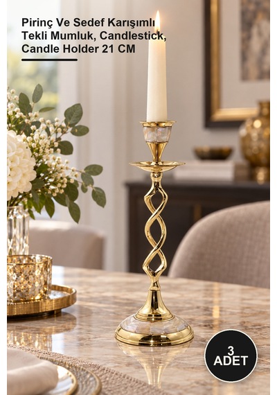 3 Adet Şamdan Pirinç Ve Karışımlı Tekli Mumluk, Candlestick, Candle Holder 21 Cm Diğer