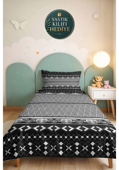 Siyah Geometrik Genç Odası Tek Kişilik Pike Takımı - Bohem Beyaz 160x220 Cm Kapitone Yatak Örtüsü Kırsal Saten Nefesi