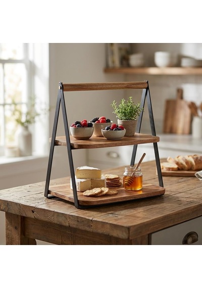 2 Katlı Doğal Akasya Ahşap Sunum Standı - Siyah Metal Kulplu Kurabiyelik, Kek Ve Kahvaltı Sunumluğu 28 X 20 X 27 Cm Çok Renkli