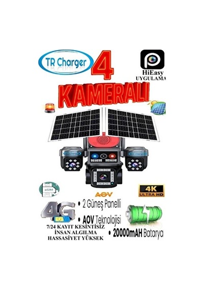 4 Kameralı E-sım Güneş Enerjili Güvenlik Kamerası Çift Güneş Paneli, Sım Kartlı Aov Akıllı Kamera