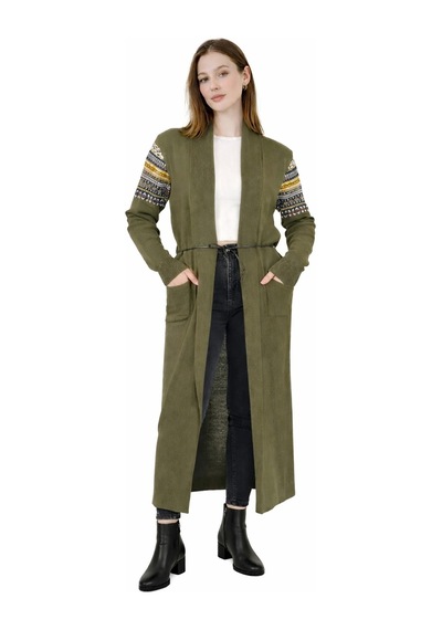 Onno Style Women Kilim Desen Uzun Hırka Haki