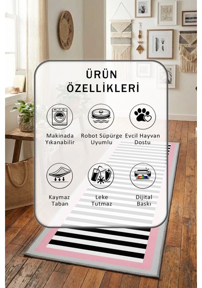 Filsiz Pembe Açık Gri Yıkanabilir Yolluk Gri - Pembe