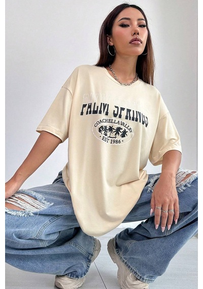 Sırt Baskılı Tasarım Tshirt Bej