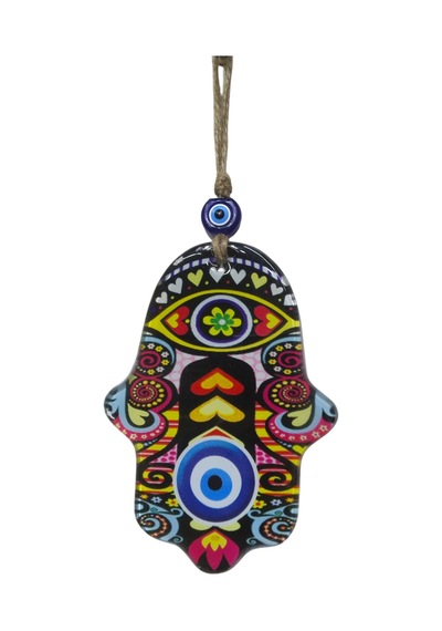 Renkli Cam Hamsa Eli Duvar Dekoru - Nazar Boncuklu Jüt İpli Süs 10x15 Cm