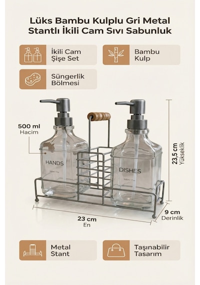 Makri Home Lüks Bambu Kulplu Gri Metal Stantlı İkili Cam Sıvı Sabunluk 500 Ml, 23x9x23,5 Cm