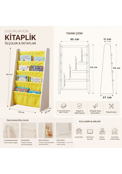 Çocuk Odası Bez Raflı Montessori Kitaplık - 4 Katlı 18mm Beyaz Mdf Ahşap Kitap Organizeri Sarı