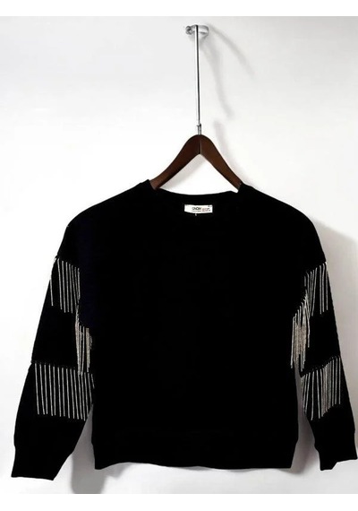 Kız Çocuk Yüzde Yüz Pamuklu İki İplik Zincir Detaylı Sweatshirt-14446 Siyah