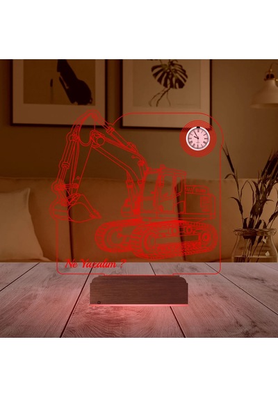 Luvivia Ekskavatör Kepçe İş Makinesi Kişiye Özel Metal Saatli 3d Lamba - Masa Gece Lambası Şeffaf