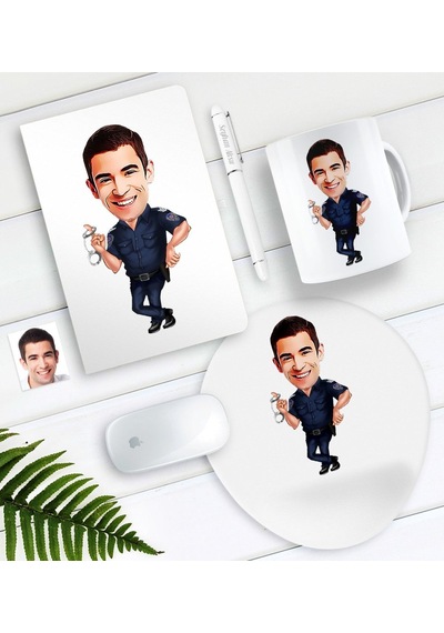 Kişiye Özel Bay Polis Karikatürlü Defter Kalem Kupa Mouse Pad Seti-2