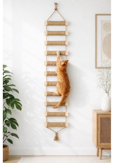 Ahşap Kedi Tırmanma Merdiveni Ve Duvar Köprüsü - Jüt İpli, 11 Basamak, 125 Cm