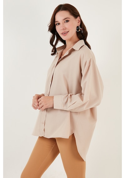 Lela Pamuklu Oversize Dokuma Bayan Gömlek 6234760 Taş