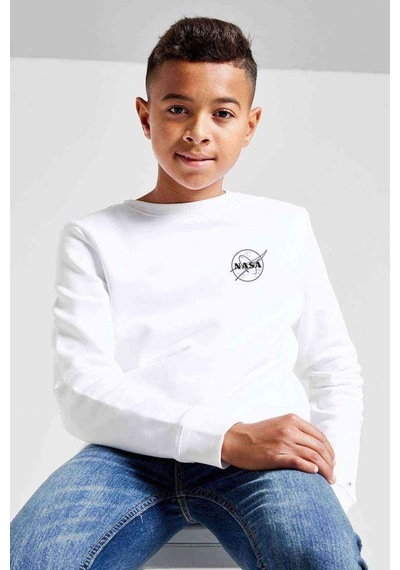 Tshirthane Uzay Logo Baskılı Unisex Çocuk Beyaz Sweatshirt (534759606)