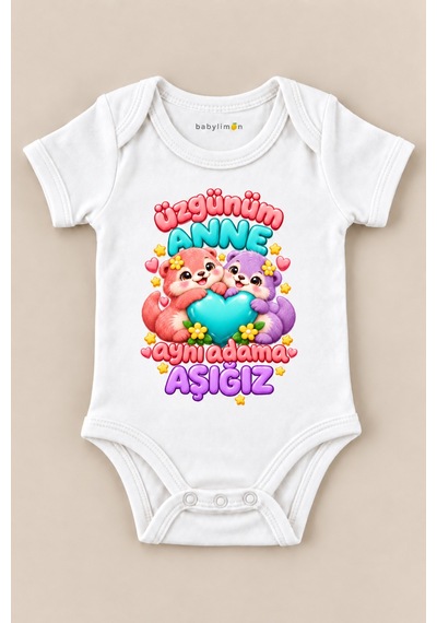 Babylimon Üzgünüm Anne Aynı Adama Aşığız Beyaz Kısa Kollu Çıtçıtlı Bebek Zıbını Beyaz - 930083943 Beyaz