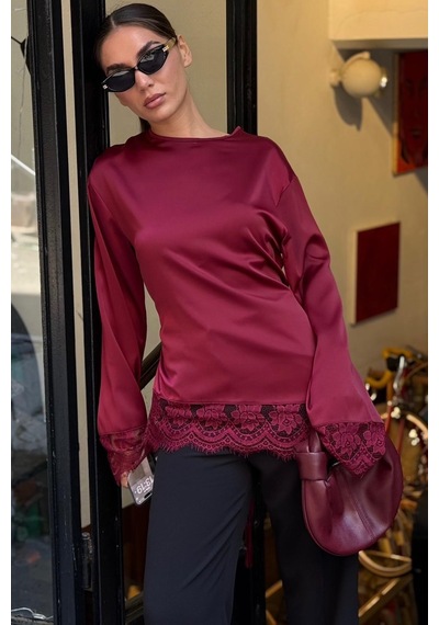 Madmext Bordo Asimetrik Dantelli Uzun Kollu Saten Bluz Mg2799
