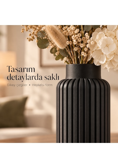 Dikey Çizgili Dekoratif Vazo 20 Cm Modern Silindir Tasarım Siyah
