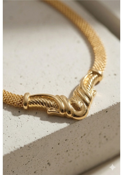 Altın Kaplama Hasır Choker Kolye Geniş Mesh Şık Kadın Gerdanlık Bileklik Küpe 3'lü Takı Seti Özel Gün
