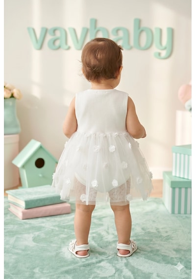 Kız Bebek Gül Nakışlı Tül Detaylı Tütü Elbise Beyaz