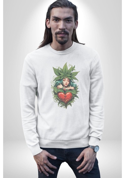 Kalp Parmak Kız Yeşillik Mutluluk Unisex Beyaz Baskılı Sweatshirt Beyaz