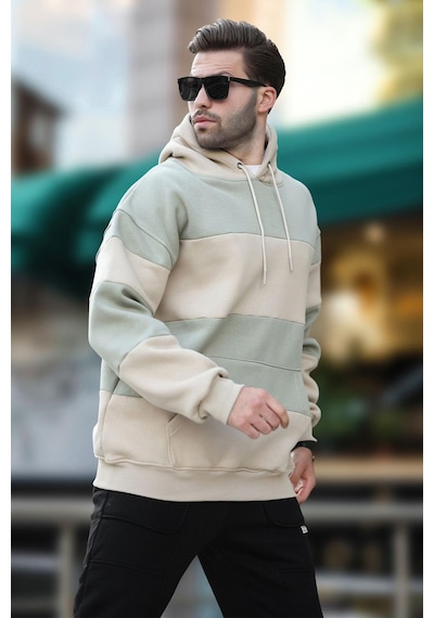 Madmext Bej Kapüşonlu Renk Bloklu Cep Detaylı Erkek Sweatshirt 7044 Bej