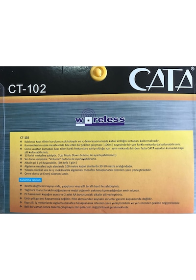 Cata Ct-102 Kablosuz Kapı Zili Uzaktan Kumandalı Zil Hasta Çağrı N11.3302