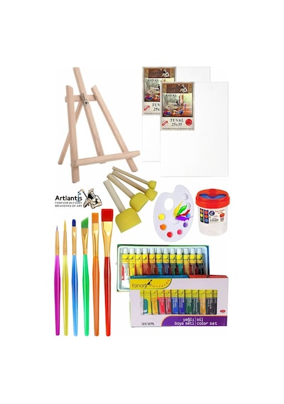 Mini Şövale 25x35 2 Li Tuval Fanart 12 Renk Yağlı Boya Başlangıç Seti Fırça Palet Ponpon Su Kabı Masaüstü Sanatsal Çok Renkli