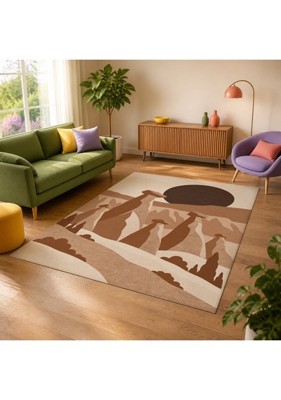 Kartela Halı Kapadokya Peri Bacası Desenli Halı Bakır Kaymaz Taban Makinede Yıkanabilir 100x150 Cm