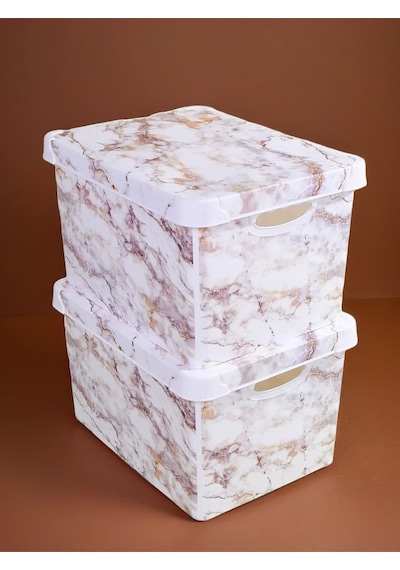 Style Box Marble Plastik Dekoratif Kutu Seti - 2x 20 Litre Mor Çok Renkli