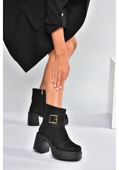 Fox Shoes V726446602 Siyah Süet Kalın Topuklu Kadın Bot Siyah-Süet