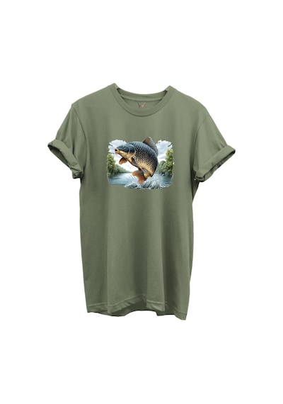Sıçrayan Sazan Balığı Desenli %100 Pamuk Regular Fit Unisex T-shirt Haki
