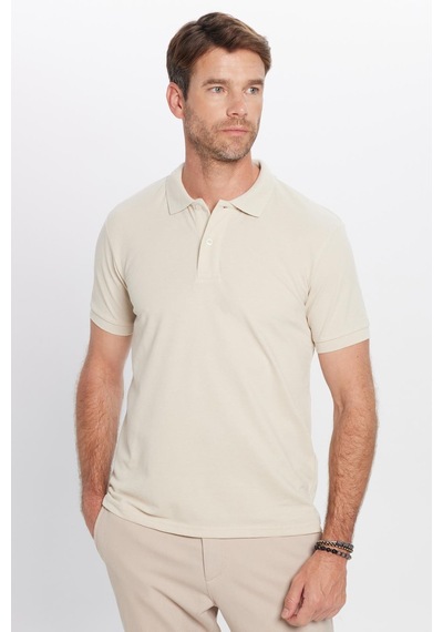 Tudors Erkek Slim Fit Dar Kesim Pamuklu Yumuşak Dokulu Serin Tutan Kumaş Düz Pike Beyaz Polo Yaka Tişört-31629 Taş
