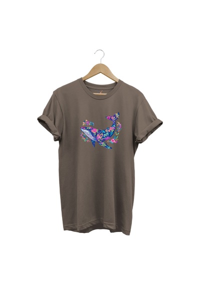 Renkli Balık Balina Desenli Baskılı %100 Pamuk Regular Fit Unisex T-shirt Kahverengi